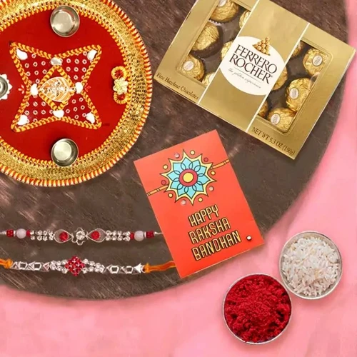 Decorative Puja Thali with Rakhi Pair N 12pc Ferrero Rocher