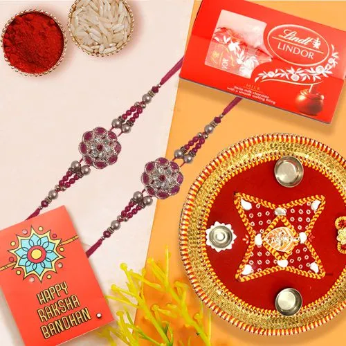 Elegant Puja Thali with a Pair of Rakhi N Lindt Chocolates