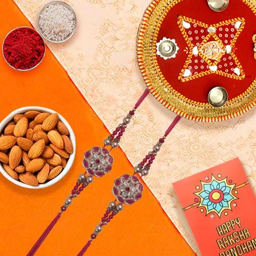 Trendy Pair of Rakhi with Almonds n Puja Thali