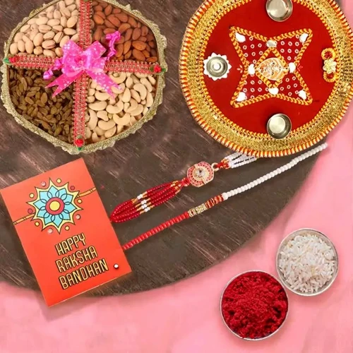 Amazing Set of 2 Rakhi with Dry Fruits n Puja Thali