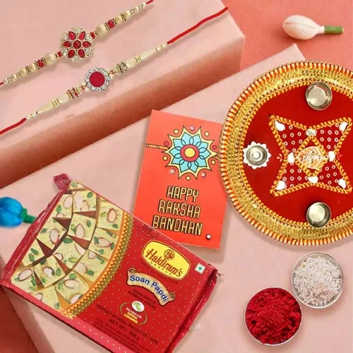 Decorative Thali with Set of 2 Rakhi N Haldiram Soan Papadi