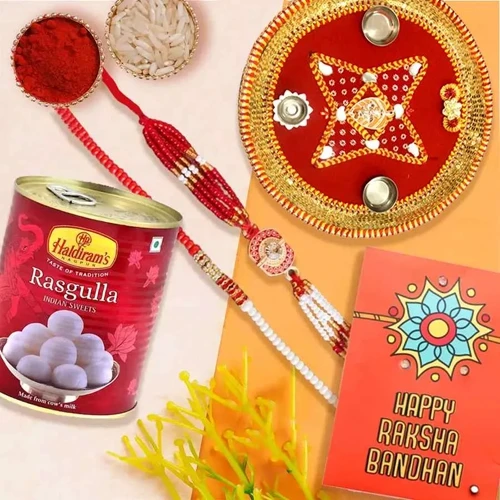 Exclusive Rakhi Set of 2 with Haldiram Rasgulla n Puja Thali