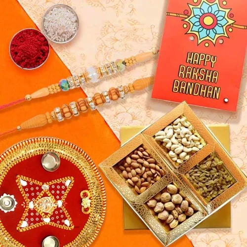 Designer Rakhi Pair with Dry Fruits n Puja Thali