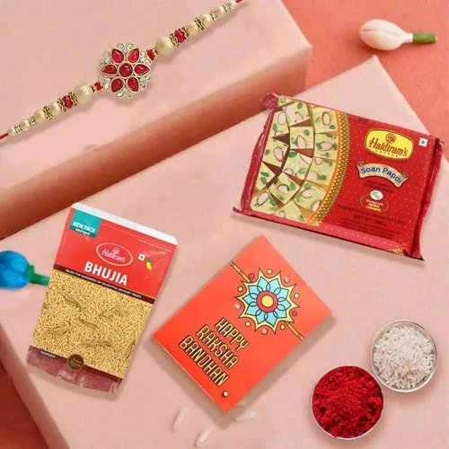 Classy Gift of Rakhi with Bhujia n Soan Papdi from Haldiram