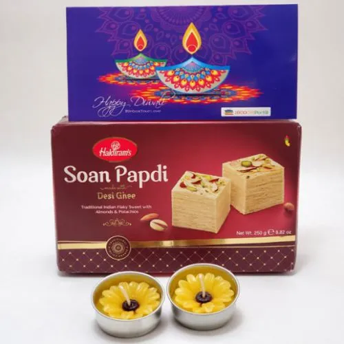 Lip-Smacking Soan Papdi Gift Pack with Flowery Candles