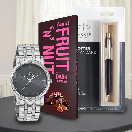 Exclusive Titan Watch with Parker Pen and Amul Chocolate