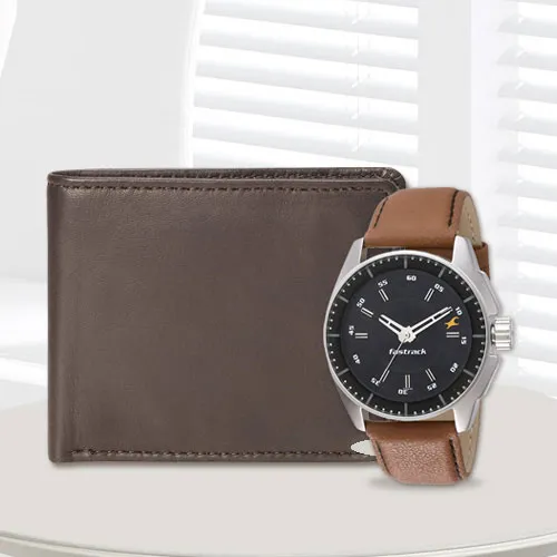 Elegant Fastrack Watch with a Brown Leather Wallet from Rich Born for Men