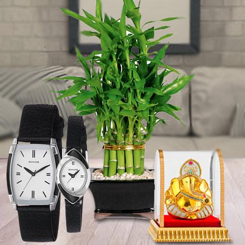 Auspicious Vignesh Ganesh, Lucky Bamboo Plant N Sonata Analog Watch