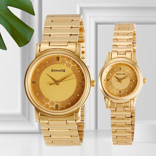 Remarkable Analog Champagne Dial Couple Watch from Sonata
