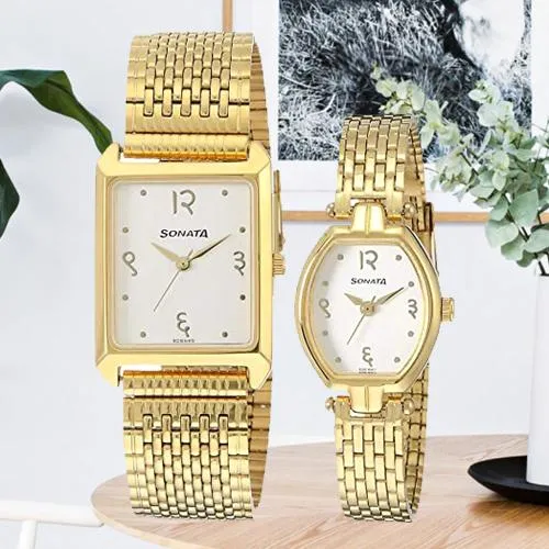 Wonderful Analog Gold Dial Couple Watch from Sonata