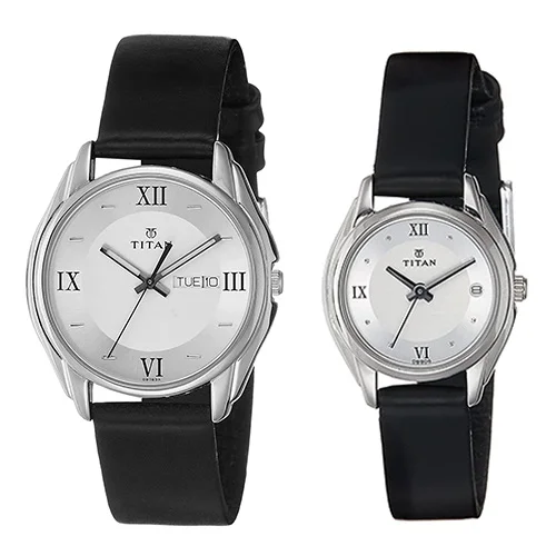 Amazing Titan Silver Dial Leather Strap Couple Watch