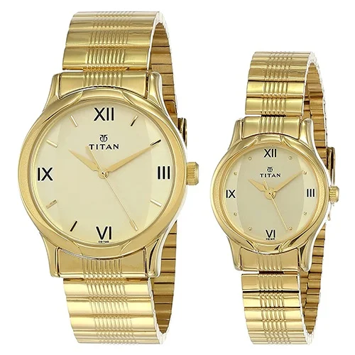 Gaudy Titan Champagne Dial Golden Strap Pair Watch