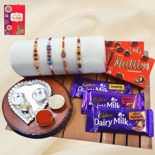 Charming Stone Rakhi Set with Paan Shape Thali n Assorted Chocolates
