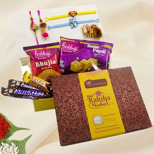 Raksha Bandhan Gift of Sweets, Chocolates and Family Rakhi Set of 4 pcs in a Gift Box
