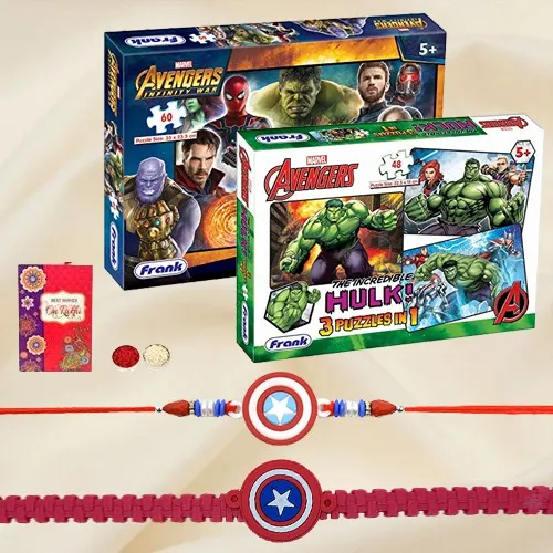Dashing Avenger Rakhis with Marvel Avengers Jigsaw Puzzle Set