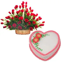 Online Roses Basket Arrangement and  Love Cake