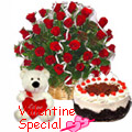 25 Red Roses with 1 Lbs. Black Forest Cake and a Teddey Bear