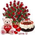25 Red Roses with 1 Lbs. Black Forest Cake and a Teddey Bear